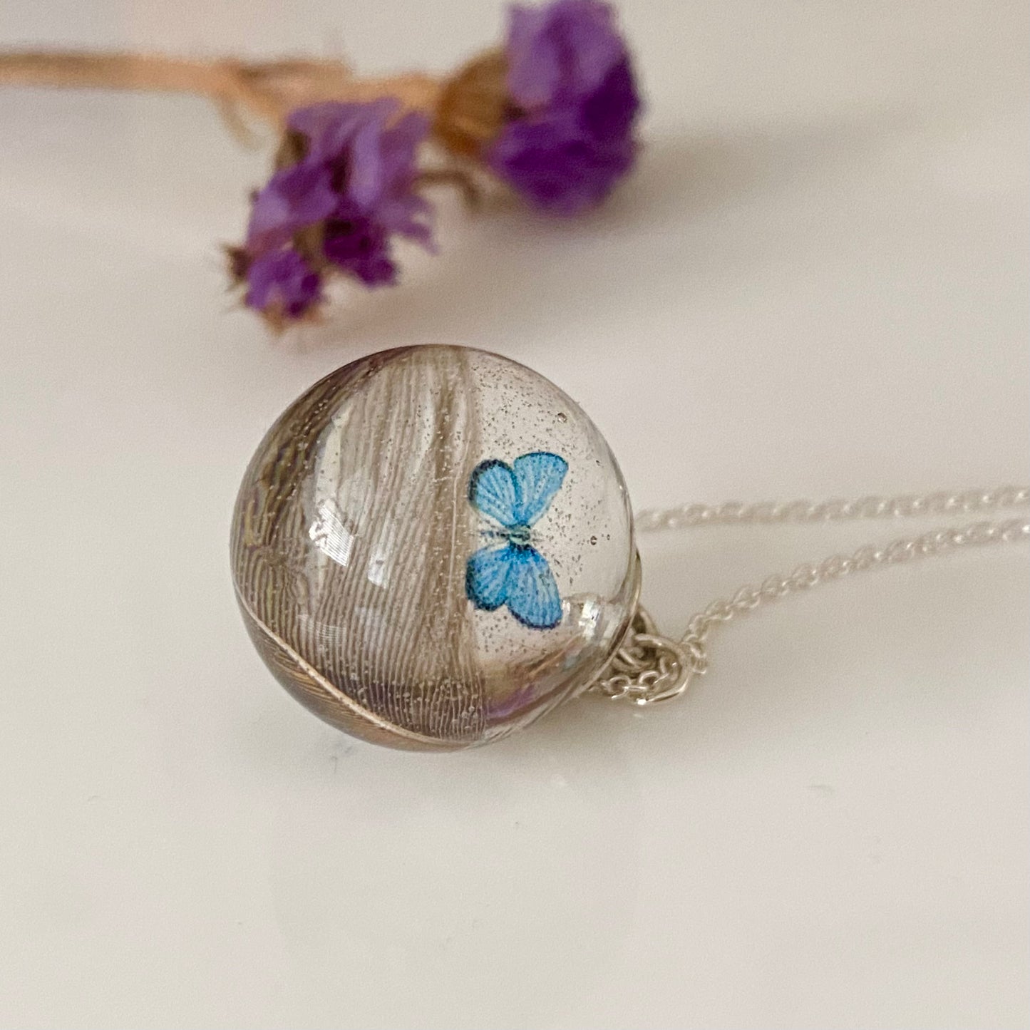 Blue Jay & Butterfly Necklace – Real Feather Pendant in Sterling Silver