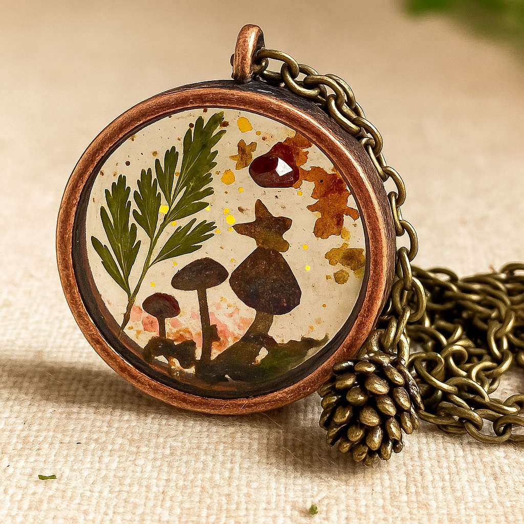 Autumn Forest Mushroom Necklace with Pine Cone Charm – Woodland Resin Bezel