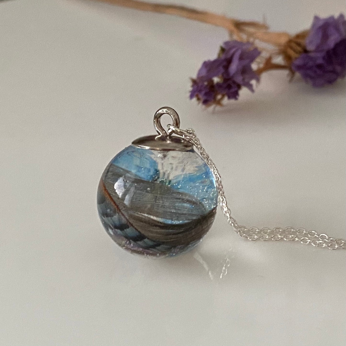 Blue Jay & Butterfly Necklace – Real Feather Pendant in Sterling Silver