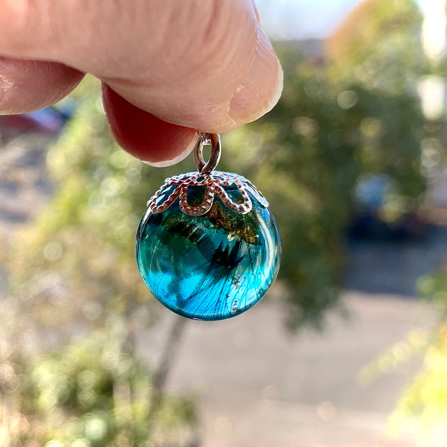 Peacock Feather Necklace – Teal & Gold Leaf on Sterling Silver Chain