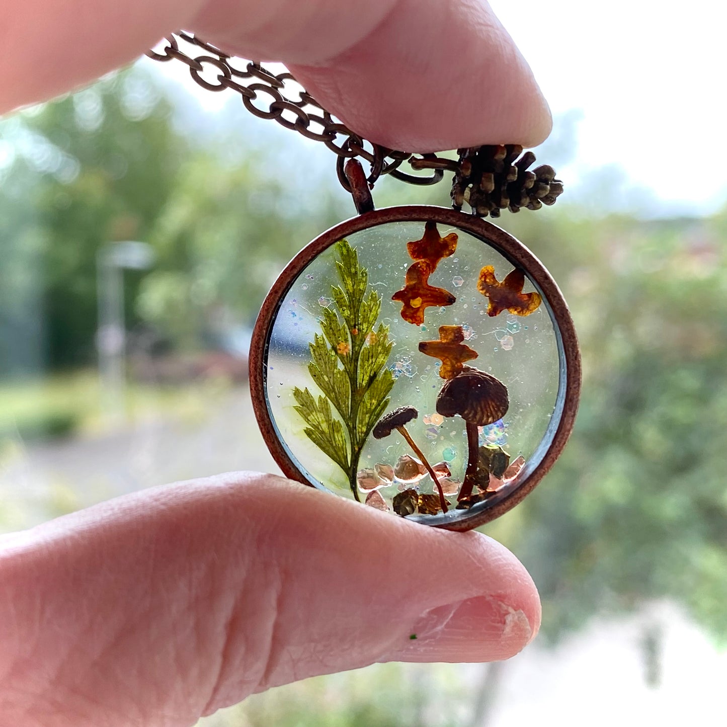 Autumn Forest Mushroom Necklace with Pine Cone Charm – Woodland Resin Bezel