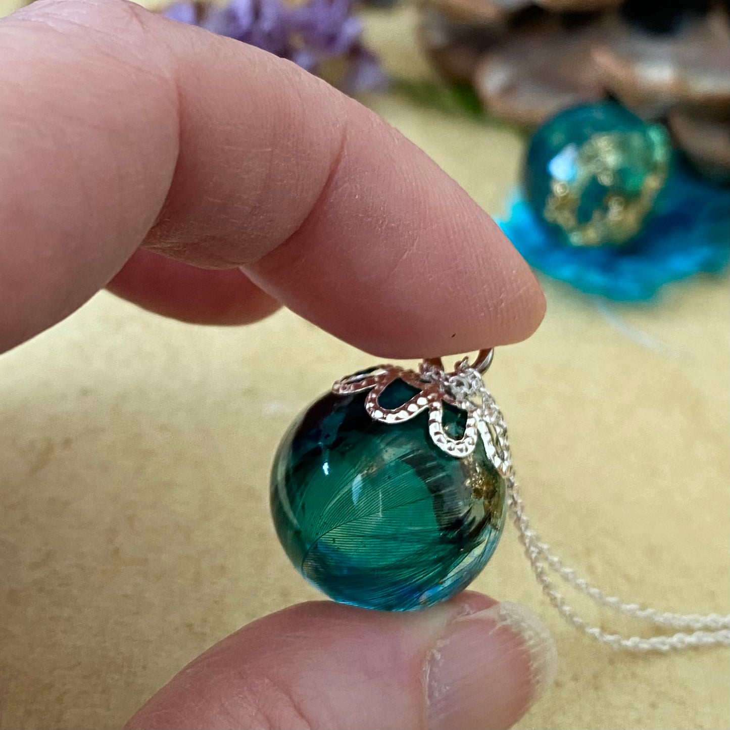 Peacock Feather Necklace – Teal & Gold Leaf on Sterling Silver Chain