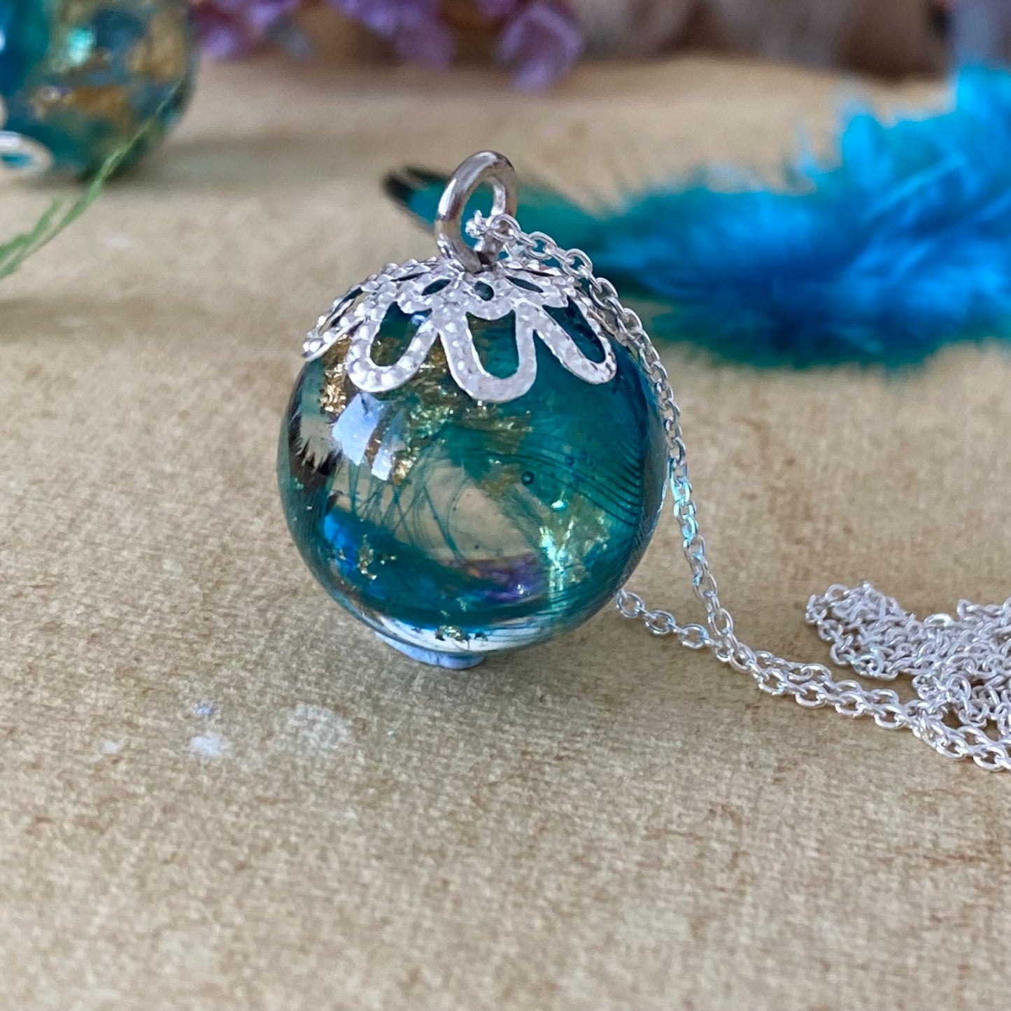 Peacock Feather Necklace – Teal & Gold Leaf on Sterling Silver Chain