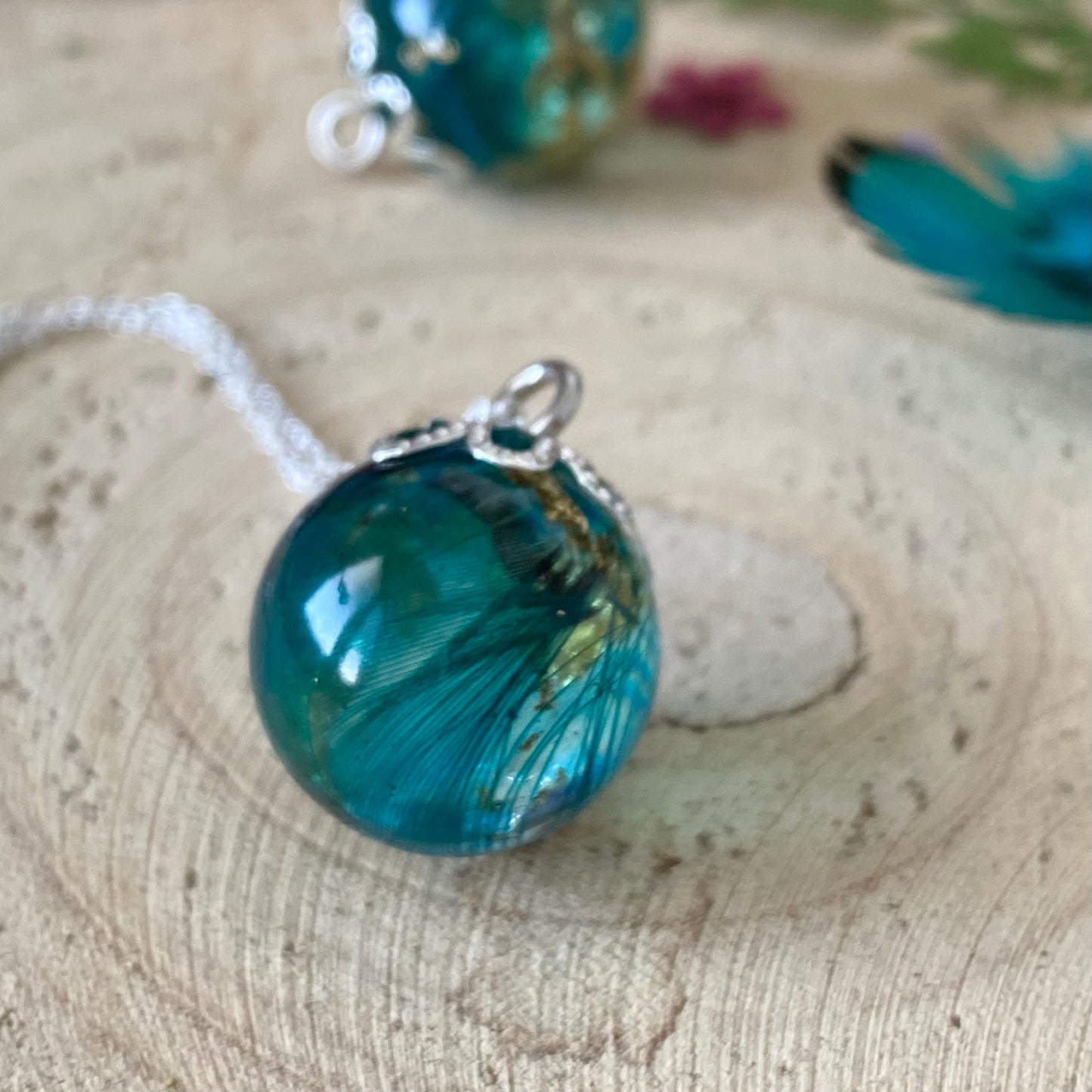 Peacock Feather Necklace – Teal & Gold Leaf on Sterling Silver Chain