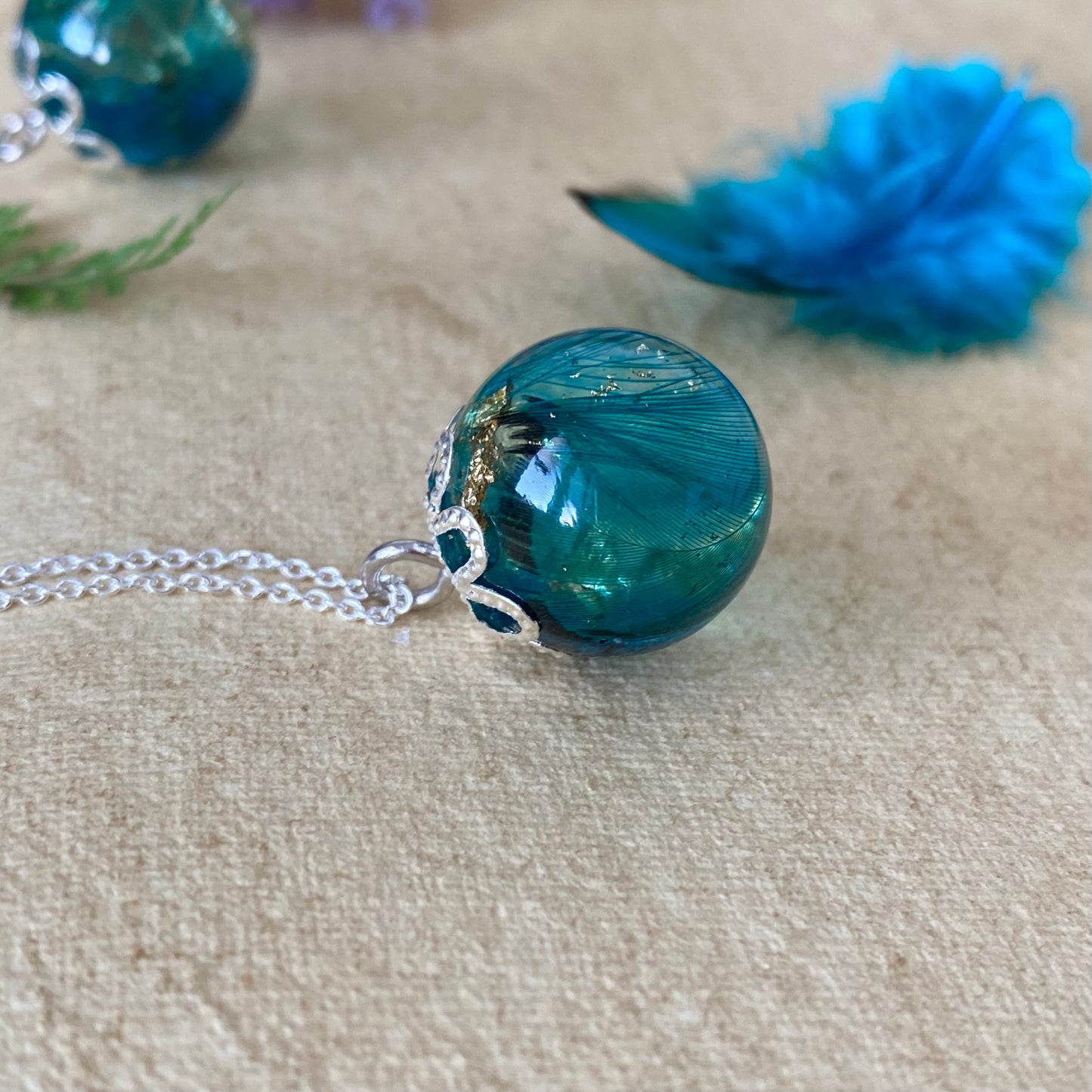 Peacock Feather Necklace – Teal & Gold Leaf on Sterling Silver Chain