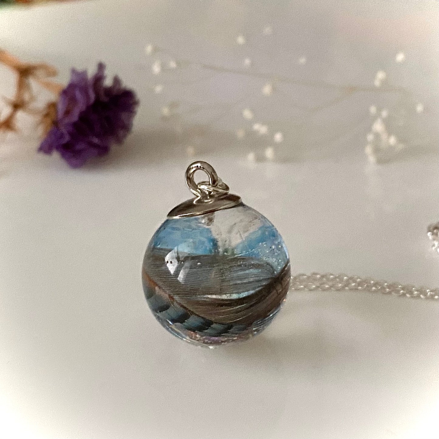 Blue Jay & Butterfly Necklace – Real Feather Pendant in Sterling Silver