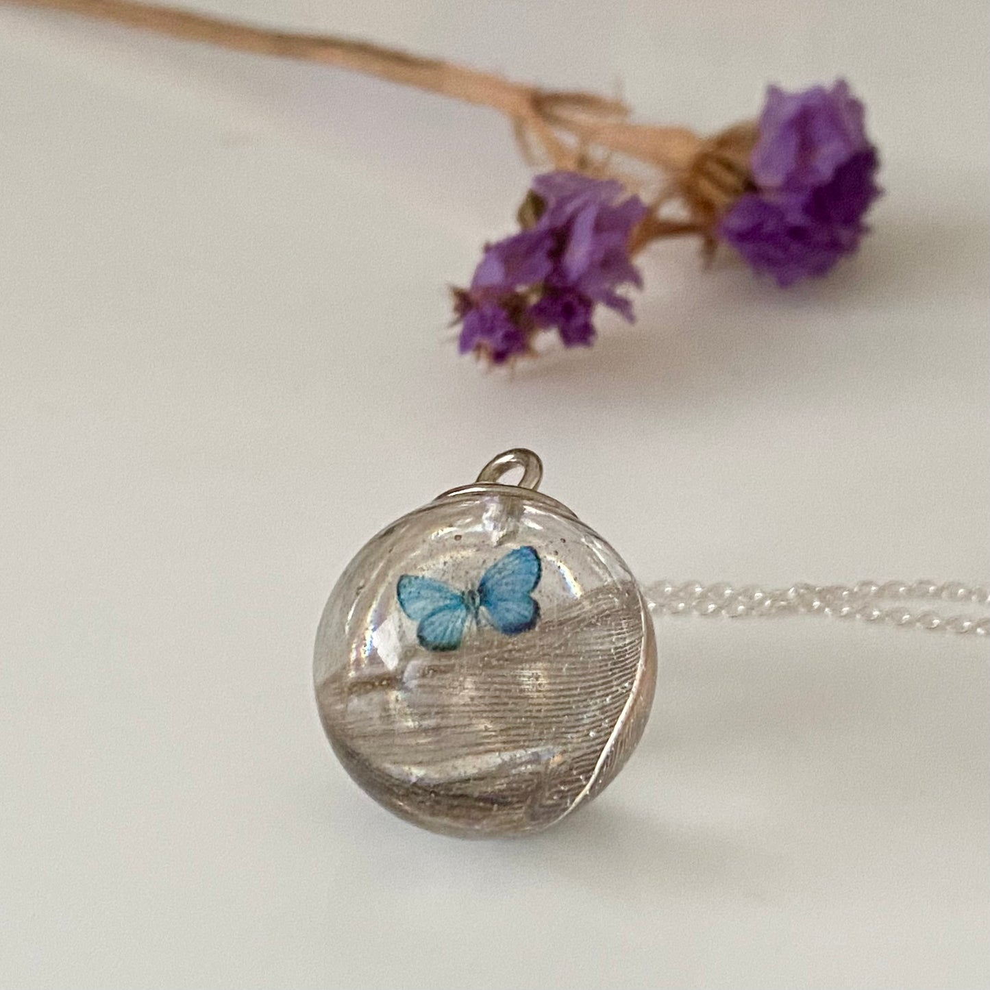 Blue Jay & Butterfly Necklace – Real Feather Pendant in Sterling Silver