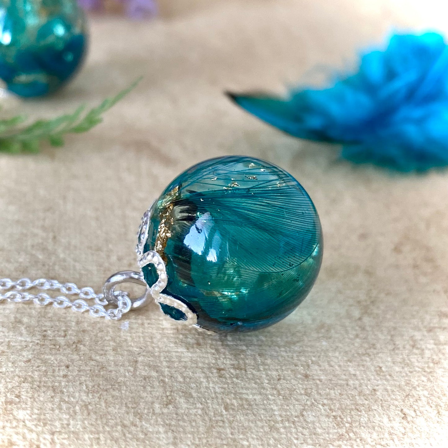 Peacock Feather Necklace – Teal & Gold Leaf on Sterling Silver Chain