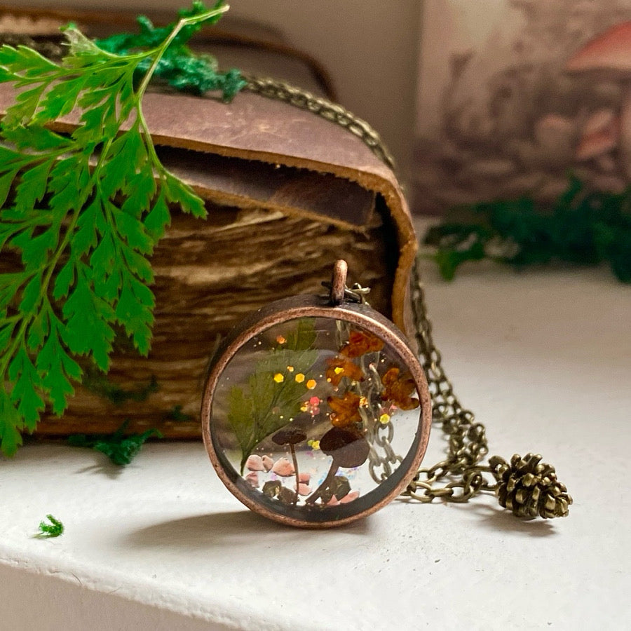 Autumn Forest Mushroom Necklace with Pine Cone Charm – Woodland Resin Bezel