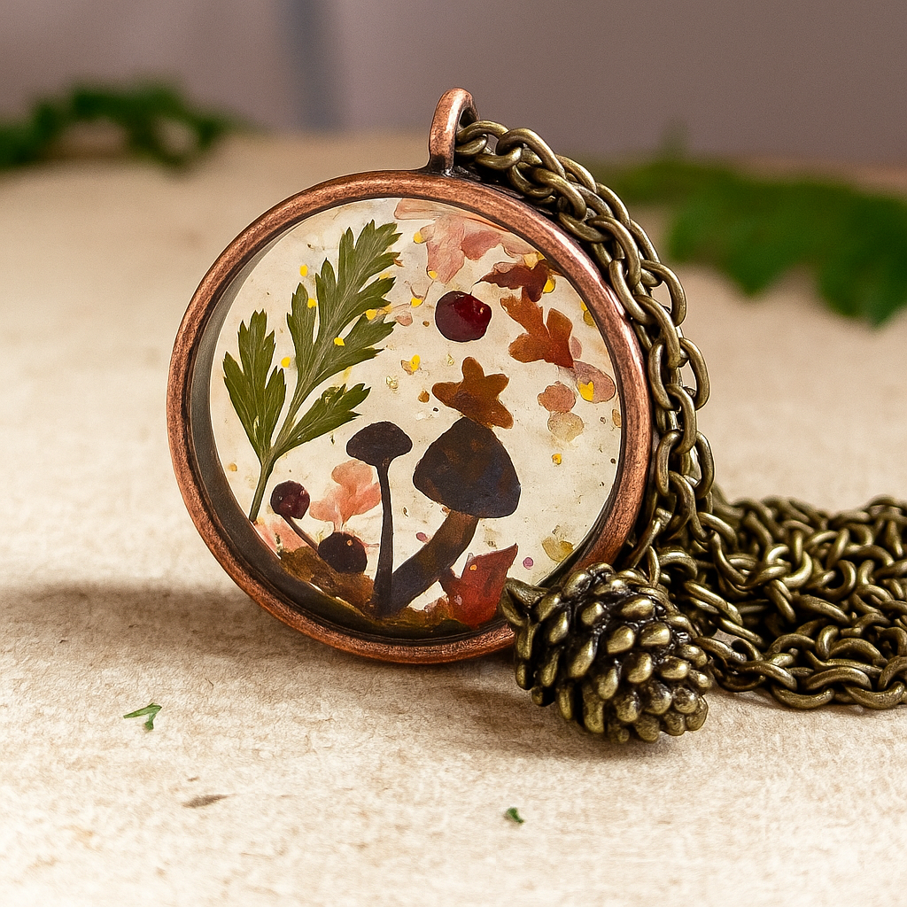 Autumn Forest Mushroom Necklace with Pine Cone Charm – Woodland Resin Bezel