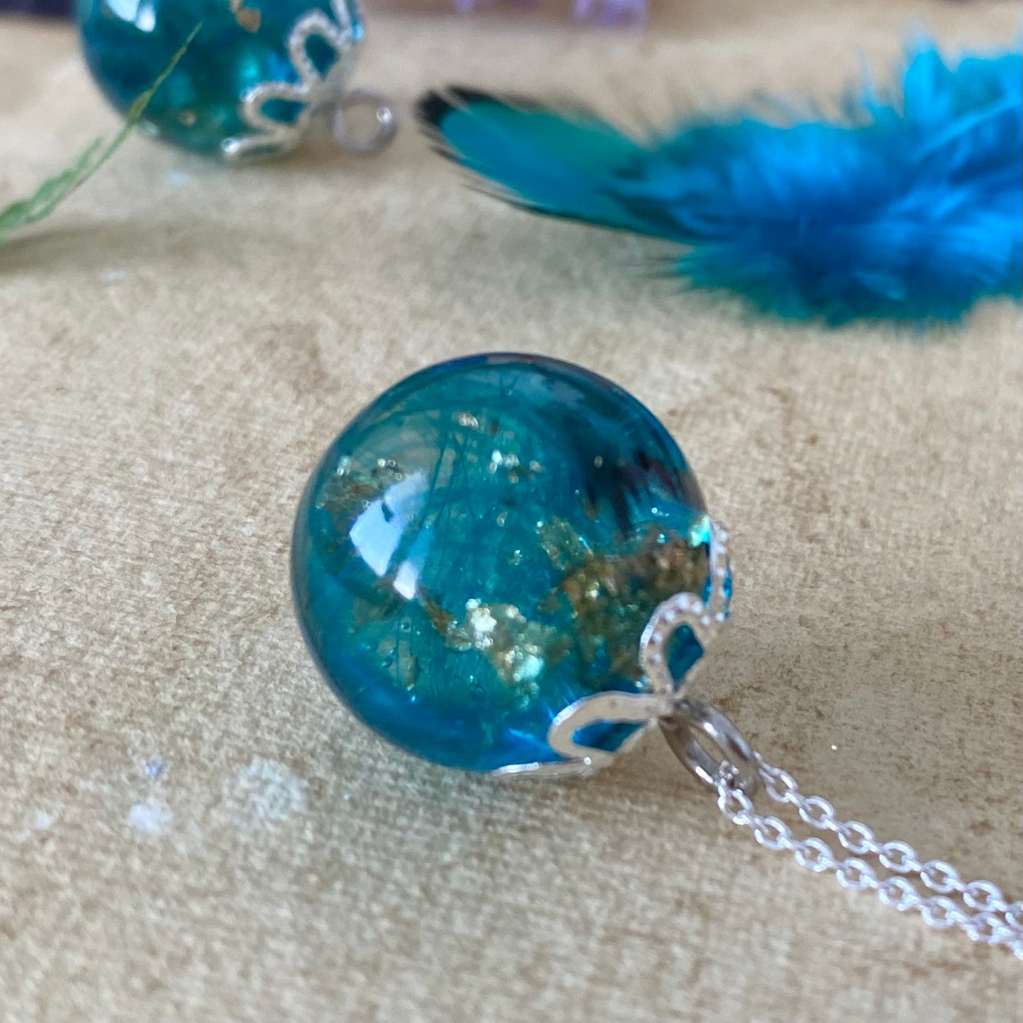 Peacock Feather Necklace – Teal & Gold Leaf on Sterling Silver Chain