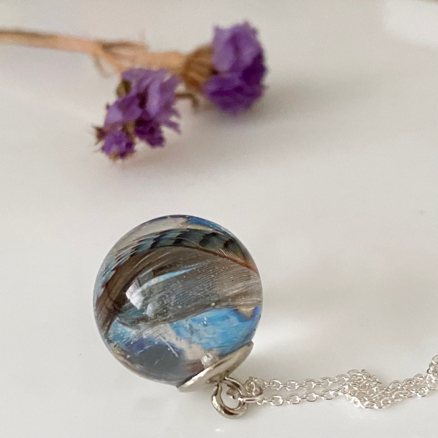 Blue Jay & Butterfly Necklace – Real Feather Pendant in Sterling Silver