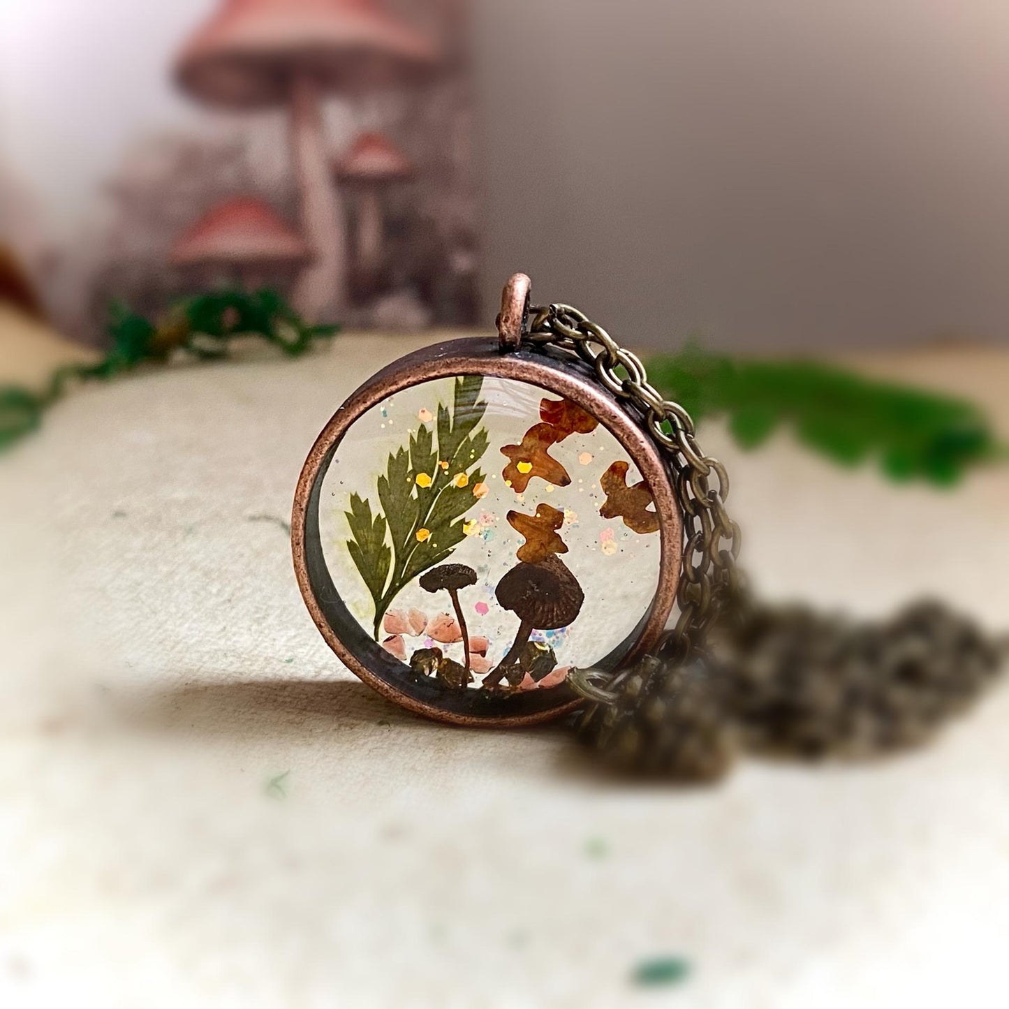 Autumn Forest Mushroom Necklace with Pine Cone Charm – Woodland Resin Bezel