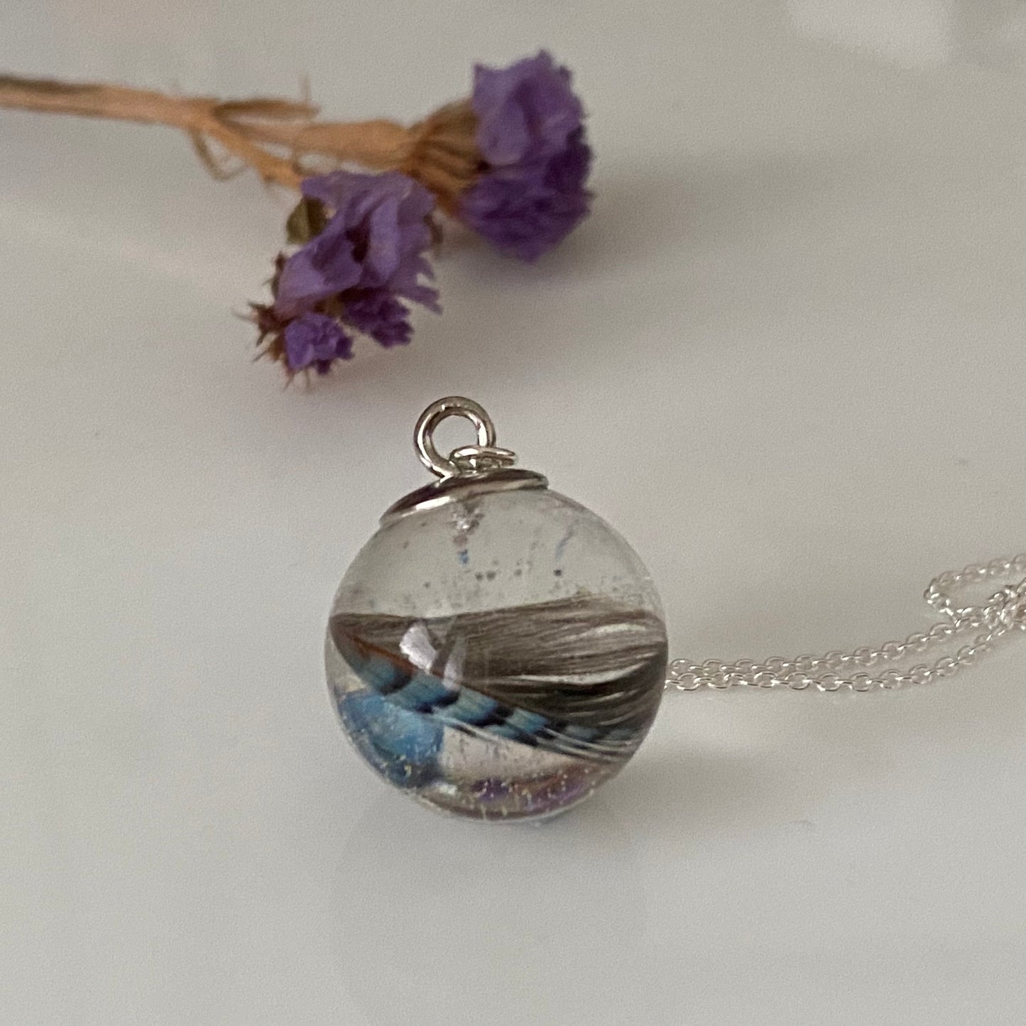 Blue Jay & Butterfly Necklace – Real Feather Pendant in Sterling Silver