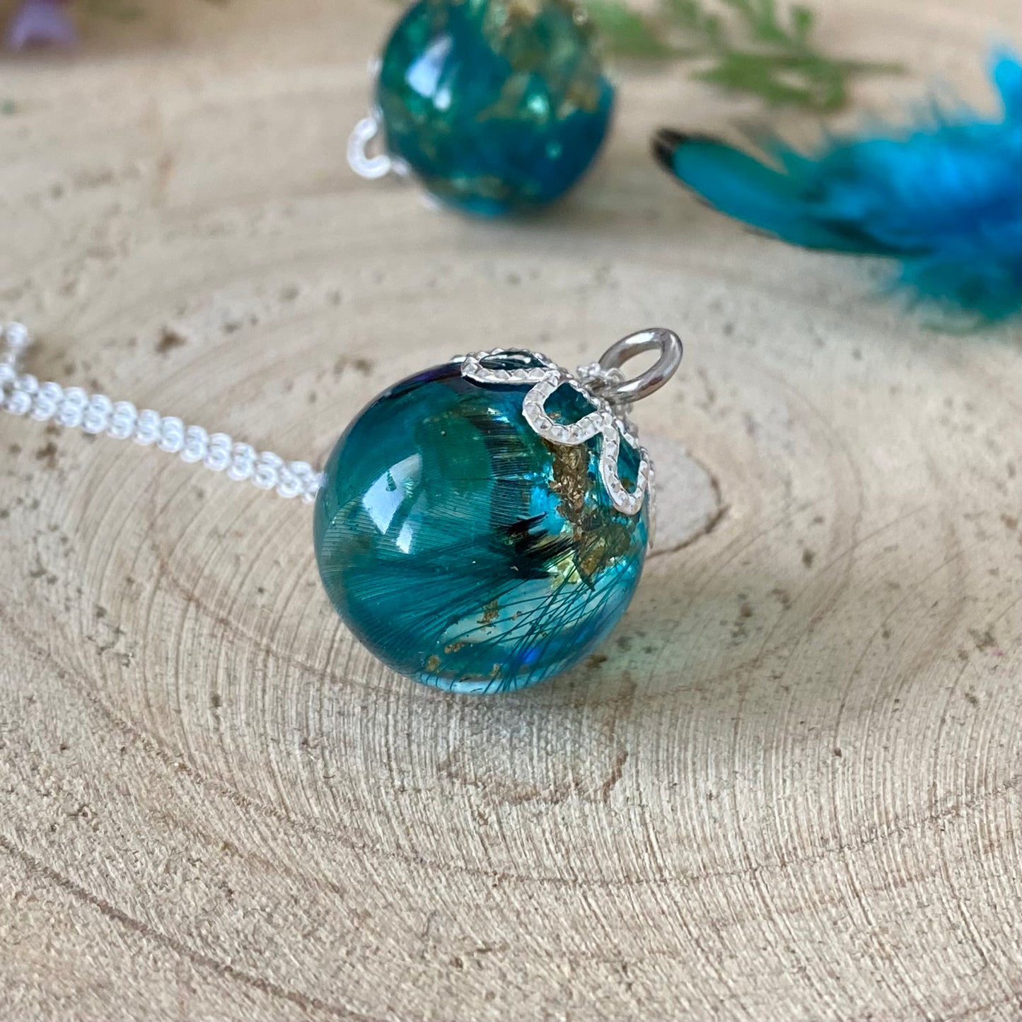 Peacock Feather Necklace – Teal & Gold Leaf on Sterling Silver Chain