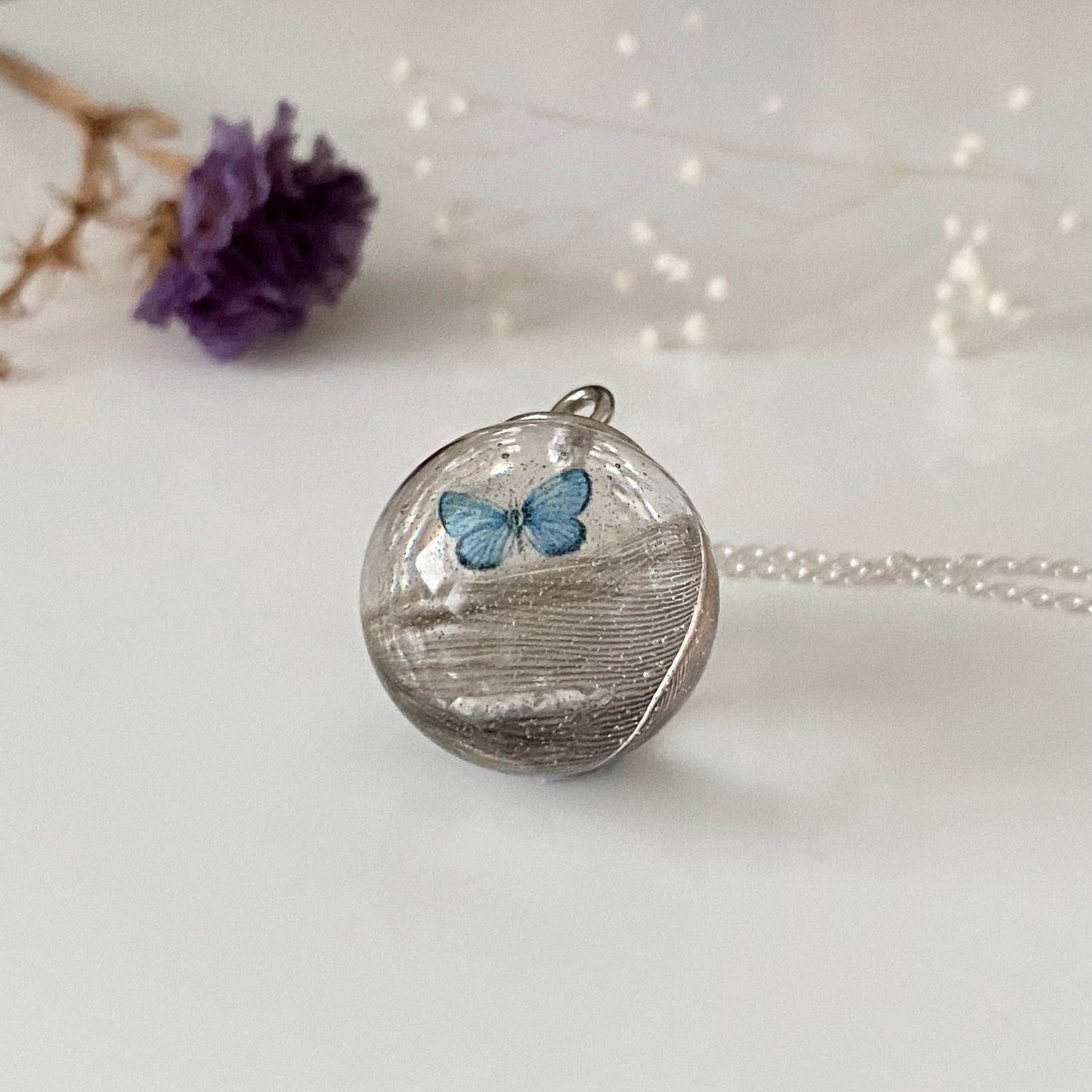Blue Jay & Butterfly Necklace – Real Feather Pendant in Sterling Silver