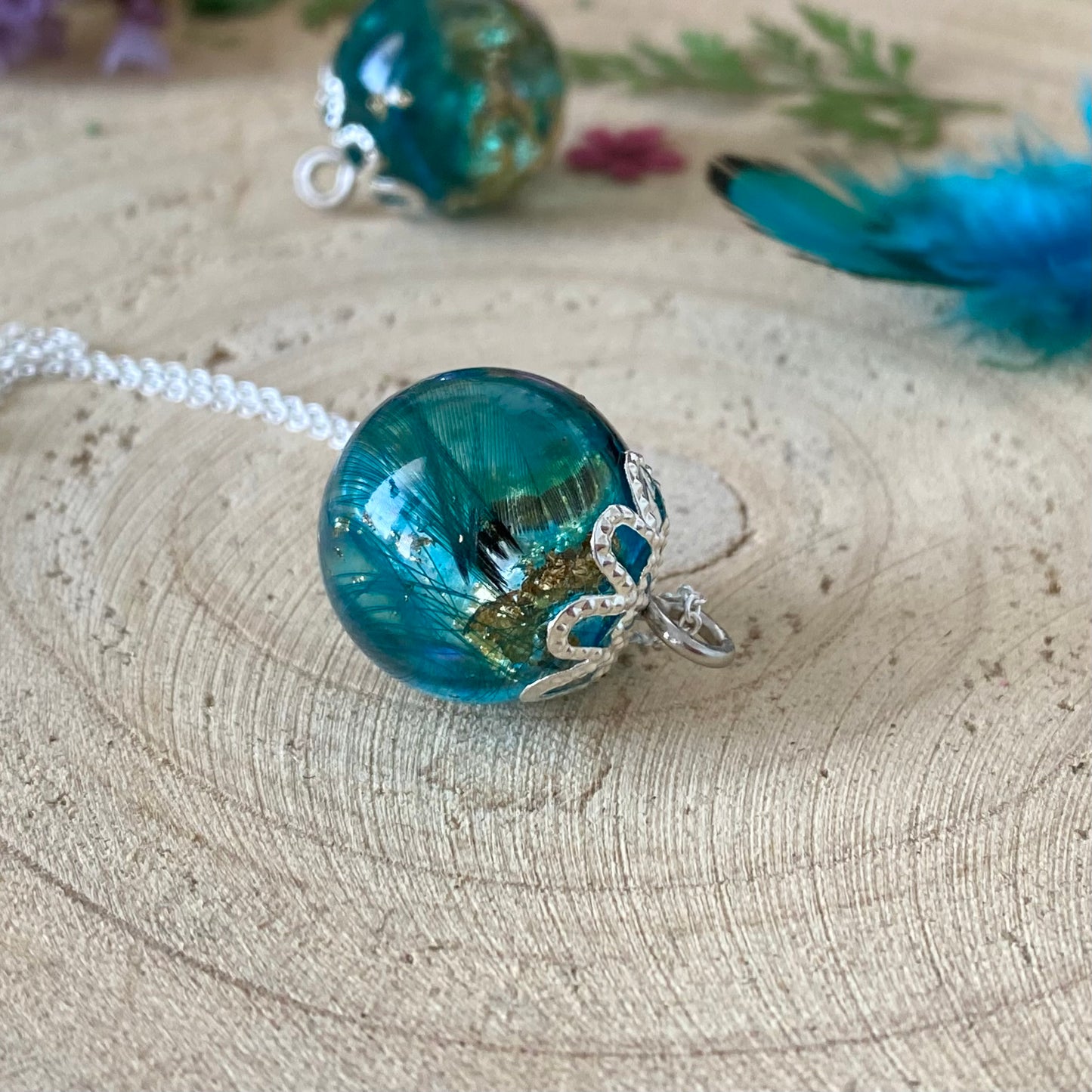 Peacock Feather Necklace – Teal & Gold Leaf on Sterling Silver Chain