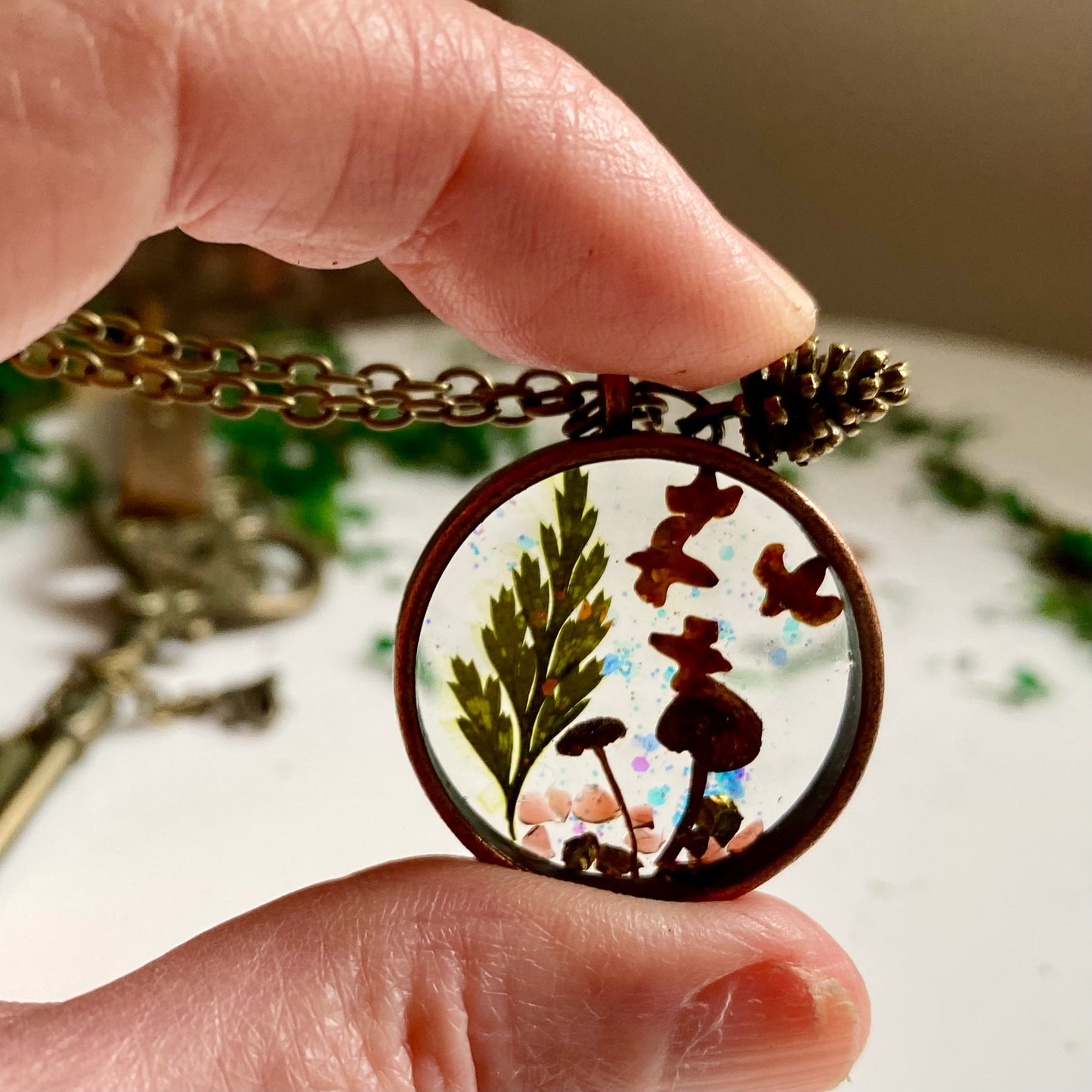 Autumn Forest Mushroom Necklace with Pine Cone Charm – Woodland Resin Bezel