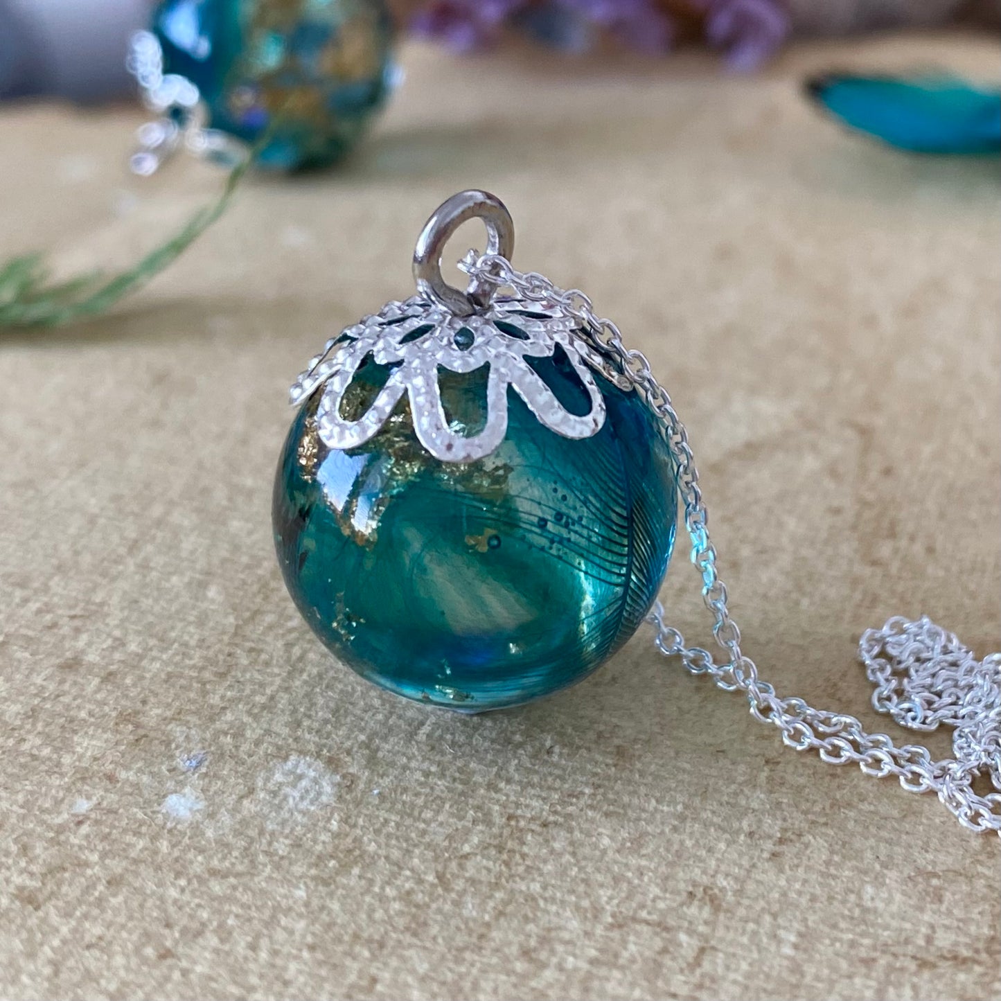 Peacock Feather Necklace – Teal & Gold Leaf on Sterling Silver Chain