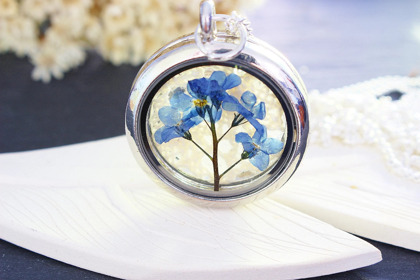 Forget me Not Necklace, Locket Necklace, Pressed Flower Necklace, Bridesmaid Jewelry, Remembrance Gift, Jewelry for Women