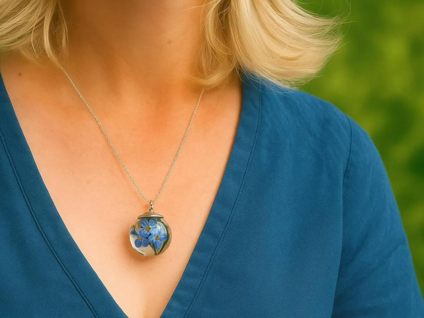 Forget-Me-Not Necklace – Real Flowers in Resin Orb on Sterling Silver