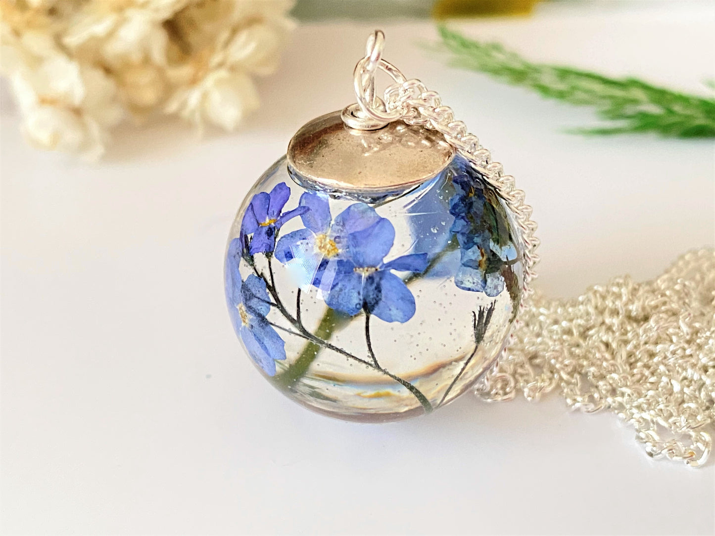 Forget-Me-Not Necklace – Real Flowers in Resin Orb on Sterling Silver