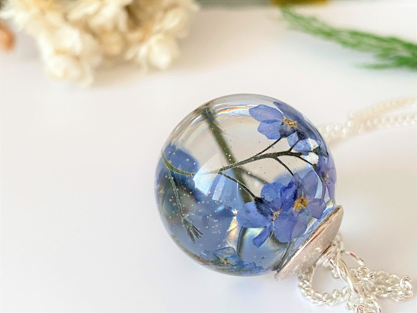 Forget-Me-Not Necklace – Real Flowers in Resin Orb on Sterling Silver