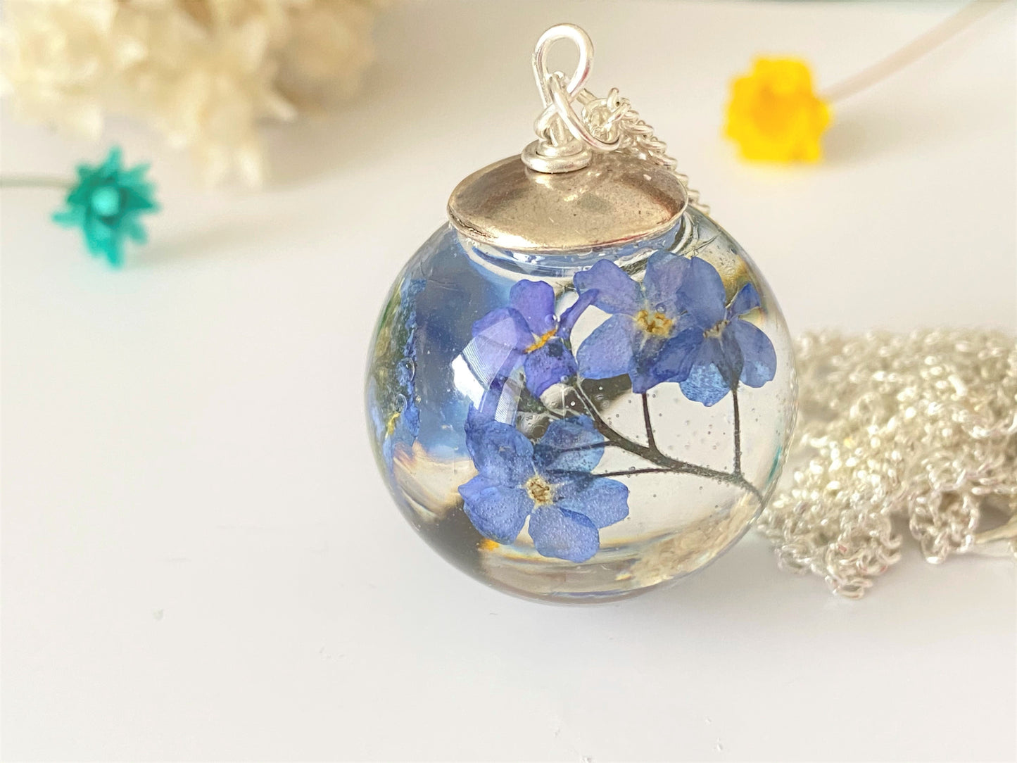 Forget-Me-Not Necklace – Real Flowers in Resin Orb on Sterling Silver