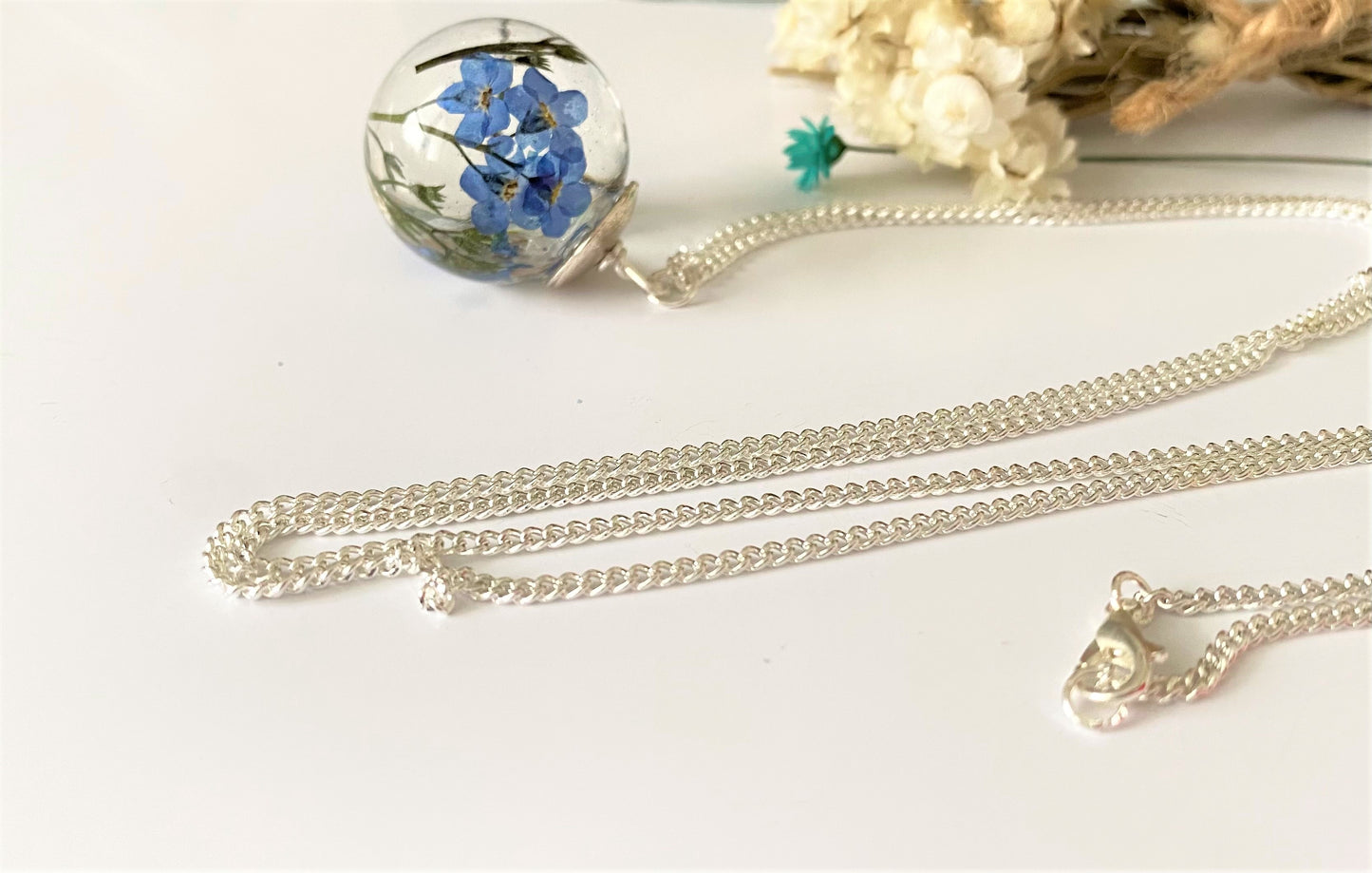 Forget-Me-Not Necklace – Real Flowers in Resin Orb on Sterling Silver