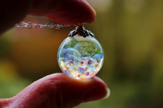 Fairy Necklace, Resin Sphere With Magical Fairy Beads, Rainbow