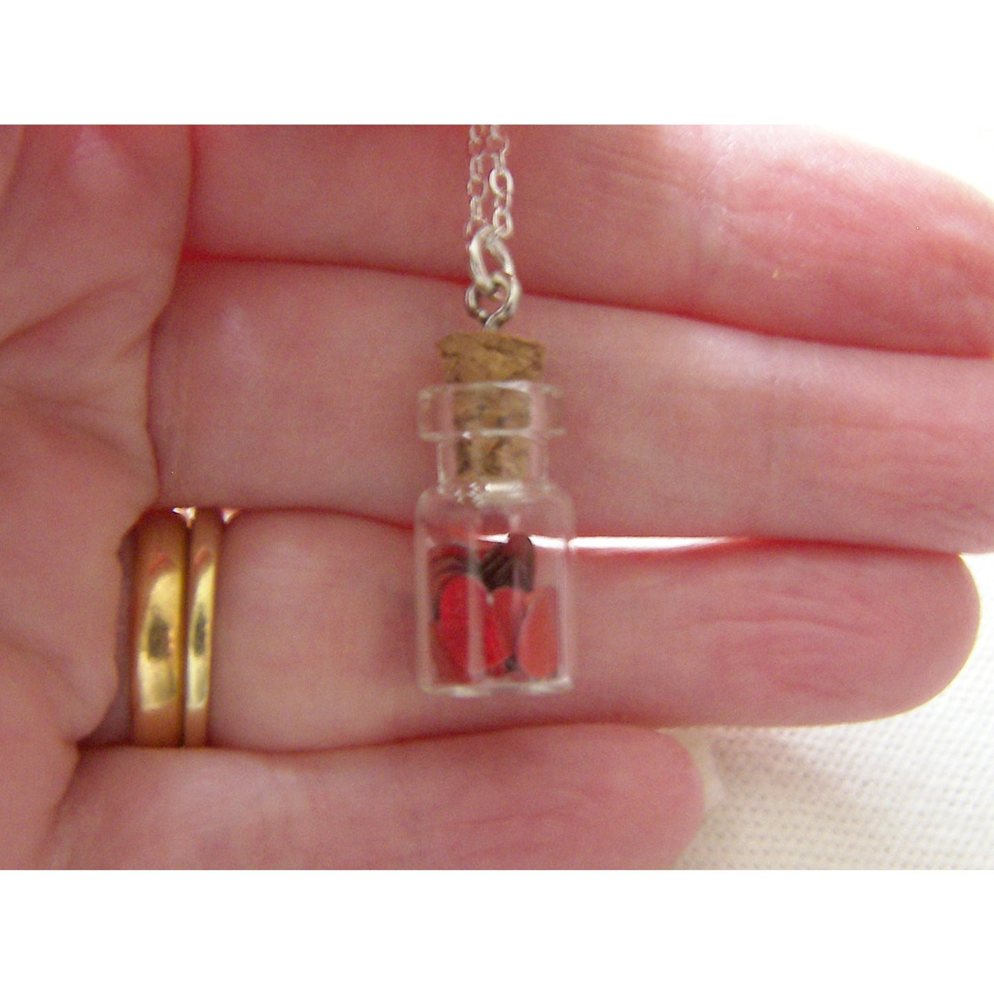 Cute Vial Necklace filled with Red Hearts, Glass Vial