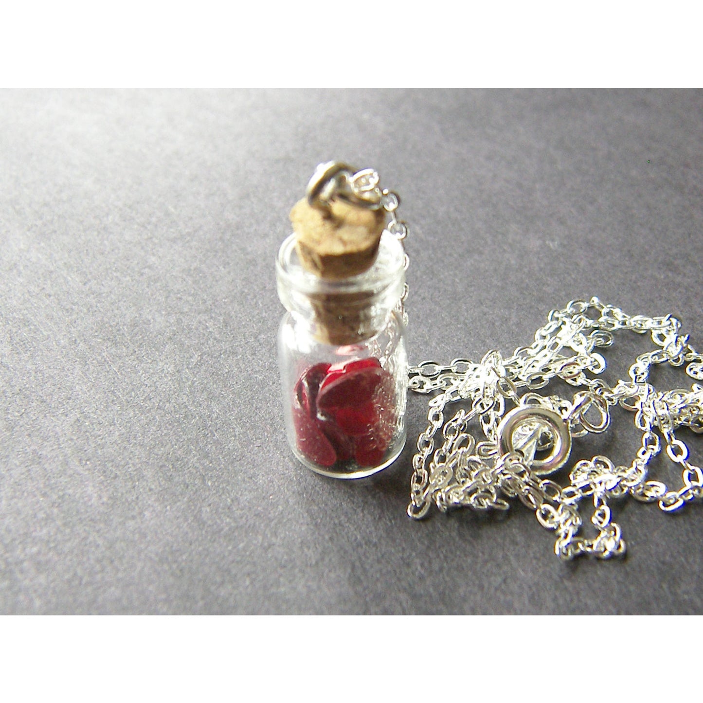 Cute Vial Necklace filled with Red Hearts, Glass Vial