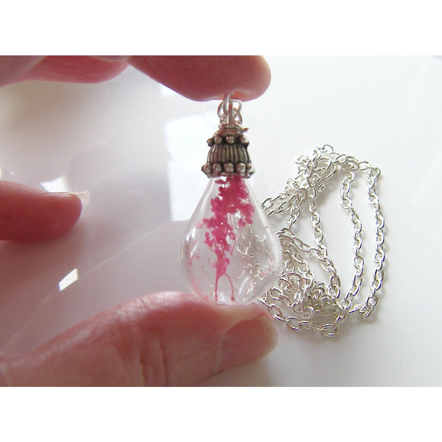 Real Flower Botanical Necklace, Handblown Glass, Teardrop Necklace, Bridesmaid Jewelry