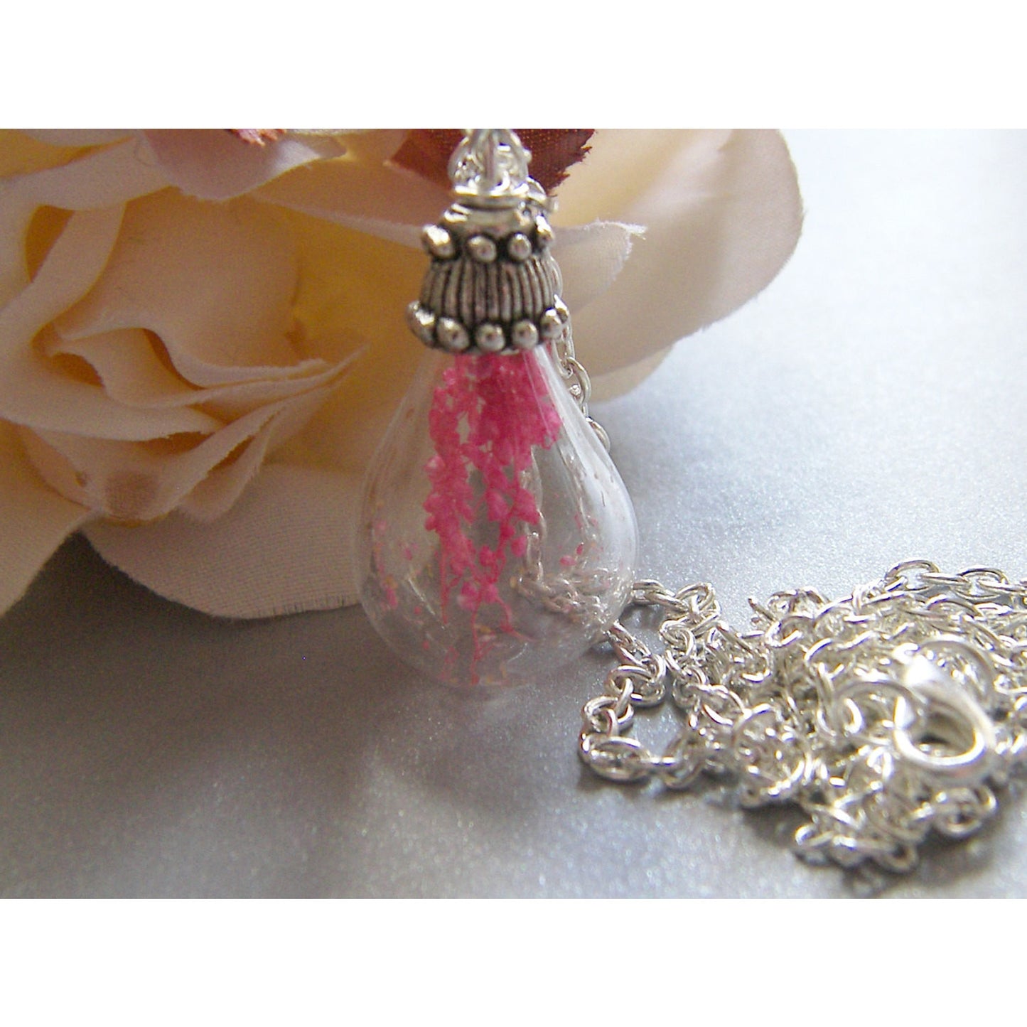 Real Flower Botanical Necklace, Handblown Glass, Teardrop Necklace, Bridesmaid Jewelry