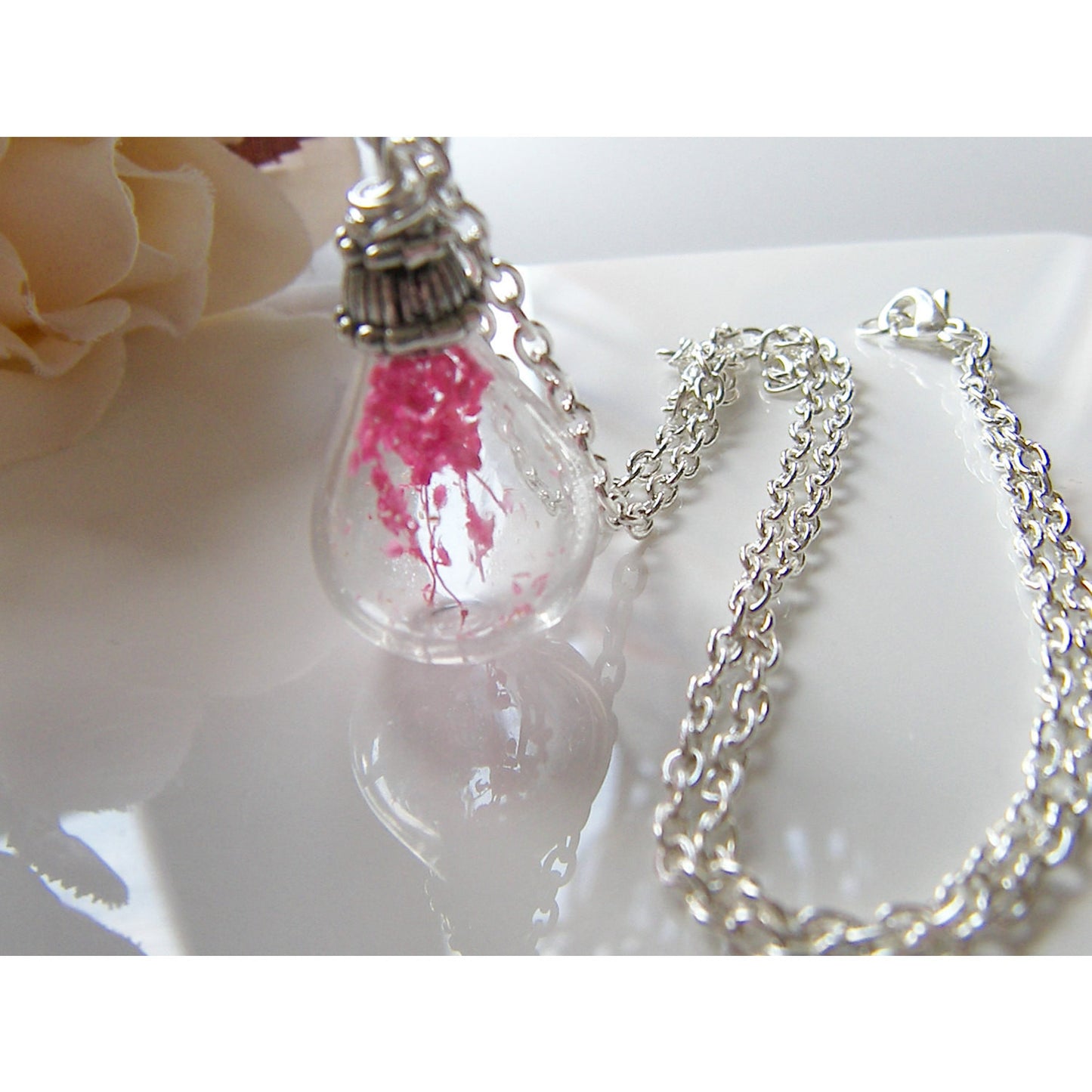 Real Flower Botanical Necklace, Handblown Glass, Teardrop Necklace, Bridesmaid Jewelry