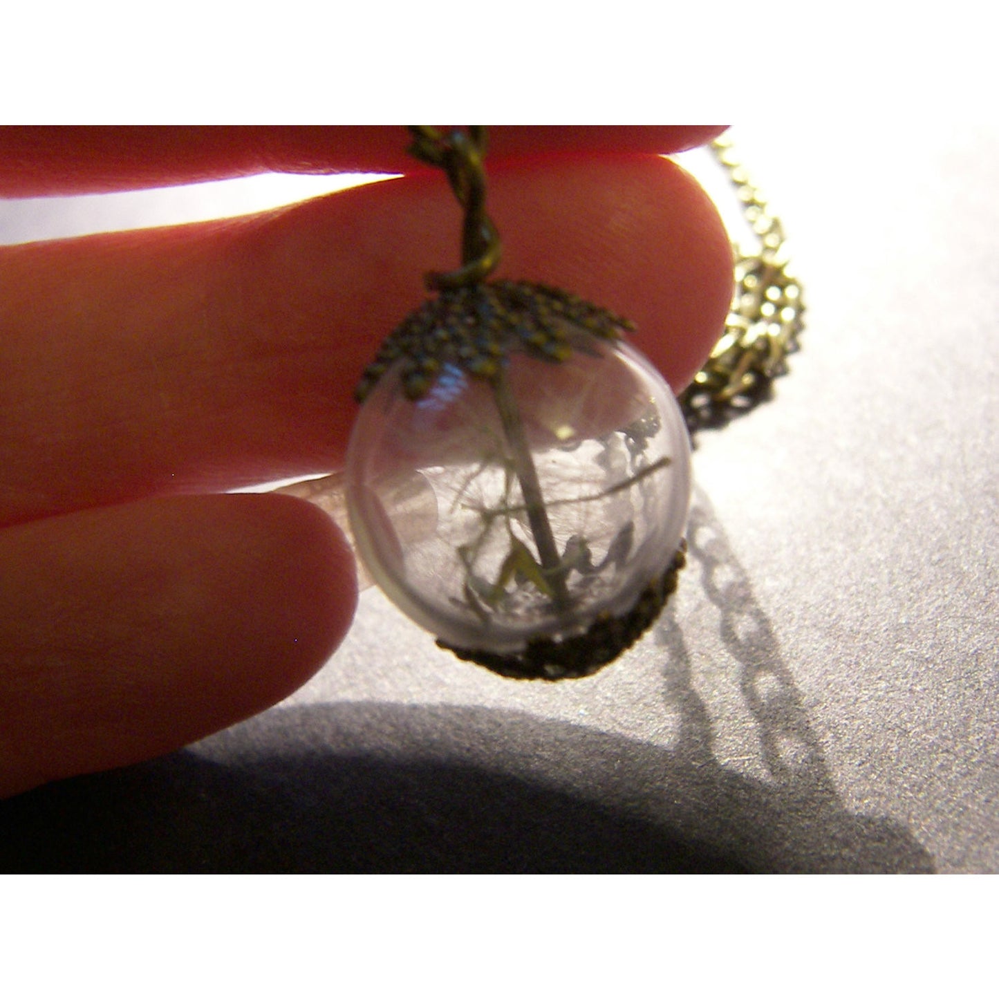 Dandelion Seed Glass Globe Necklace with Bronze Filigree Caps, Small Orb, Bridesmaids Jewelry