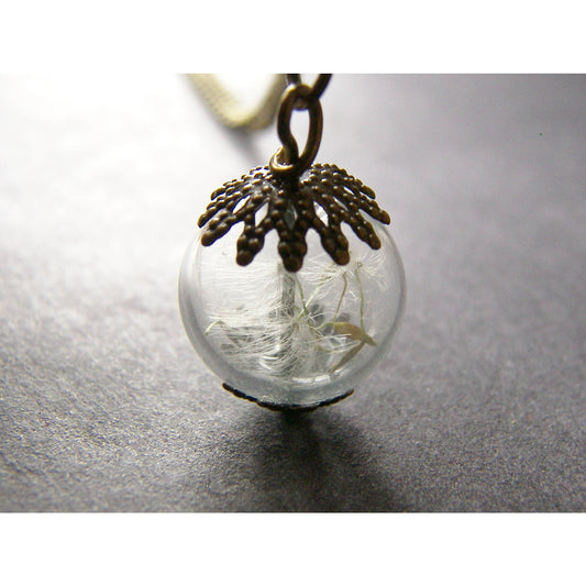 Dandelion Seed Glass Globe Necklace with Bronze Filigree Caps, Small Orb, Bridesmaids Jewelry