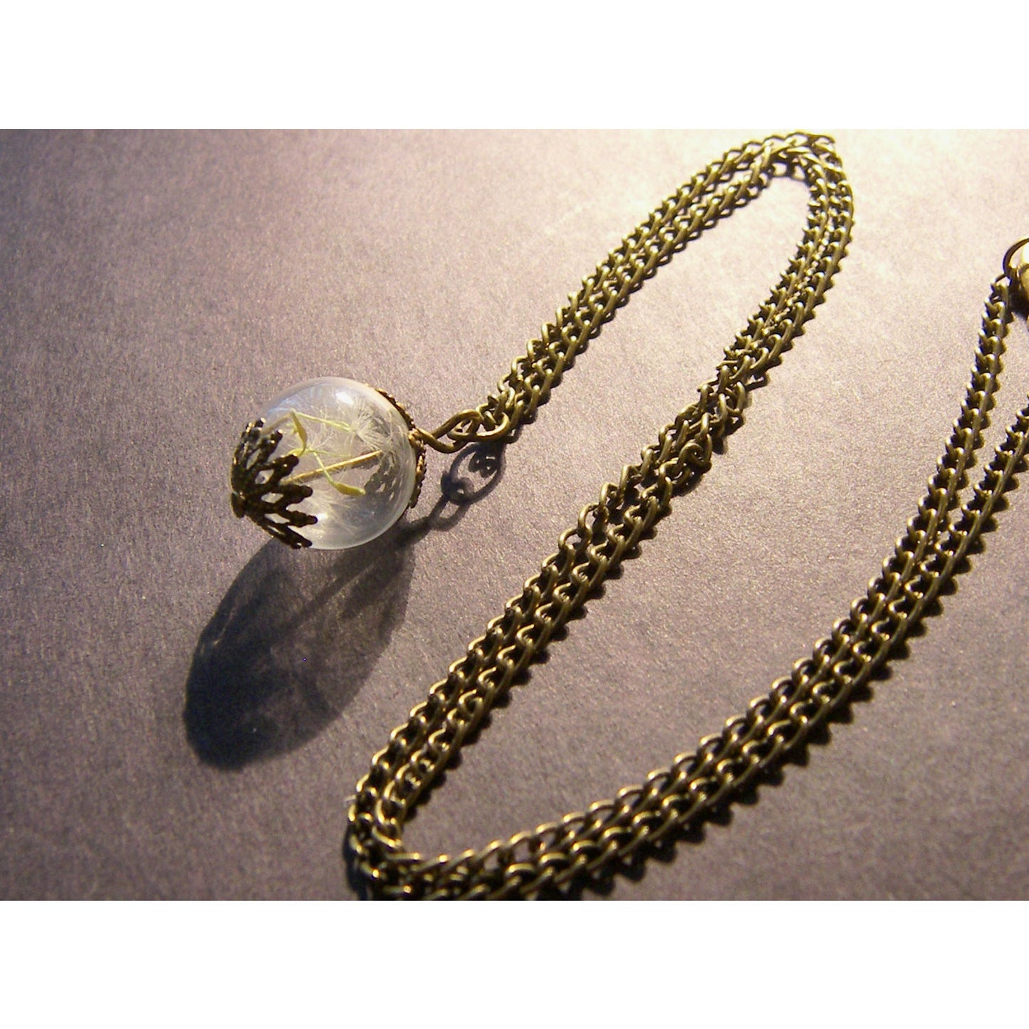 Dandelion Seed Glass Globe Necklace with Bronze Filigree Caps, Small Orb, Bridesmaids Jewelry