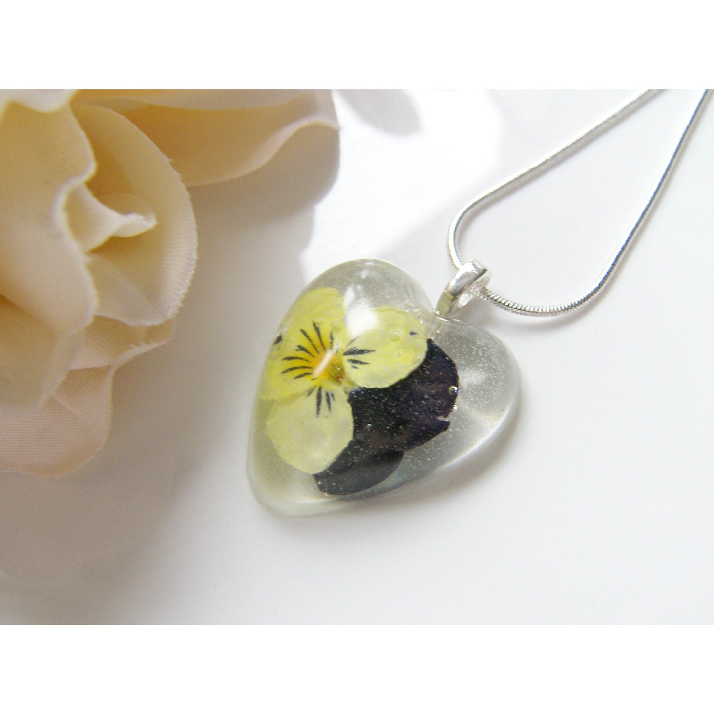 Pressed Flower Jewelry, Viola Necklace, Heart Necklace, Real Flower Jewelry, Holiday Gift