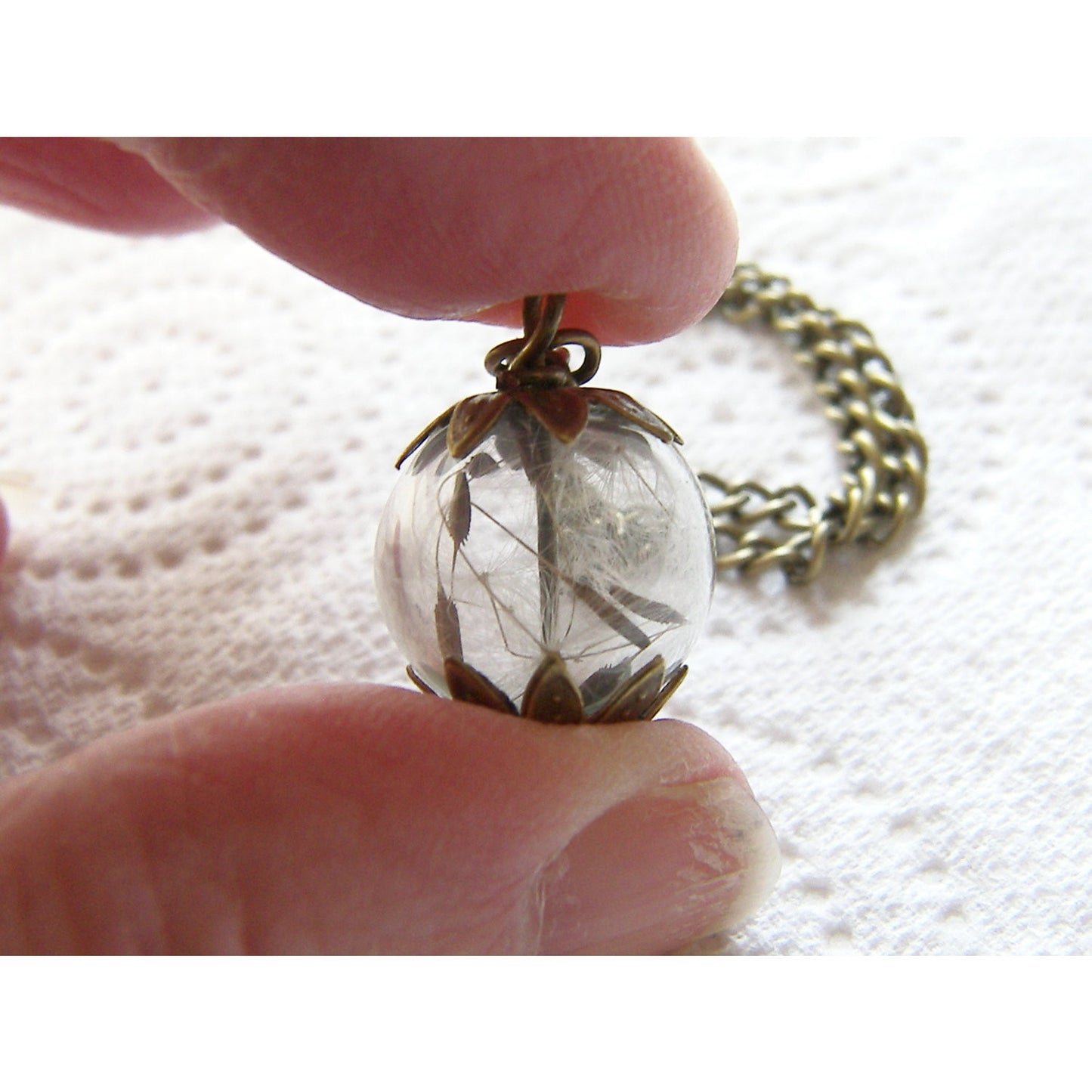 Real Dandelion Seeds Necklace Hand Blown Glass Orb Bead Globe