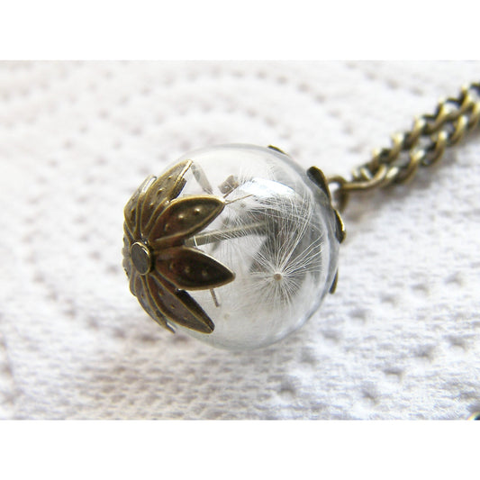 Real Dandelion Seeds Necklace Hand Blown Glass Orb Bead Globe