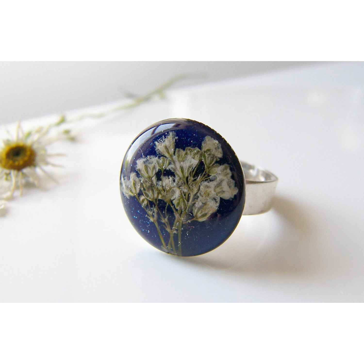 Blue Resin Ring, Pressed Flower Ring, Made with Real Flowers
