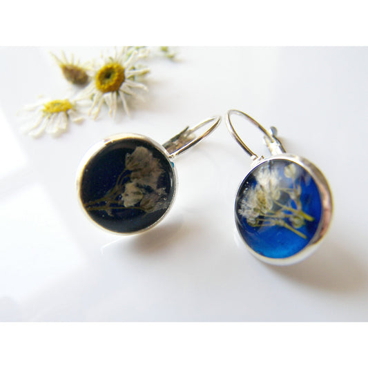 Pressed Flower Earrings, Blue Resin, Dainty Earrings, Eco Friendly, Eco Chic