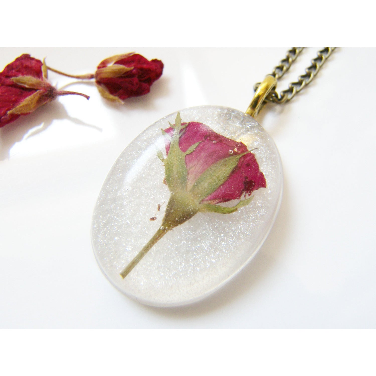 Real Red Rose Necklace, Pressed Rosebud, Real Flower Jewelry