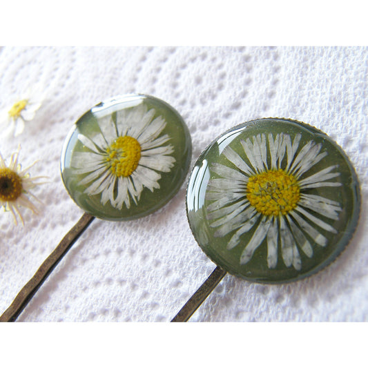 Pressed Daisy, Hair Pins,  Bobby Pin, Set of 2, Botanical, Woodland, Nature, Eco Friendly