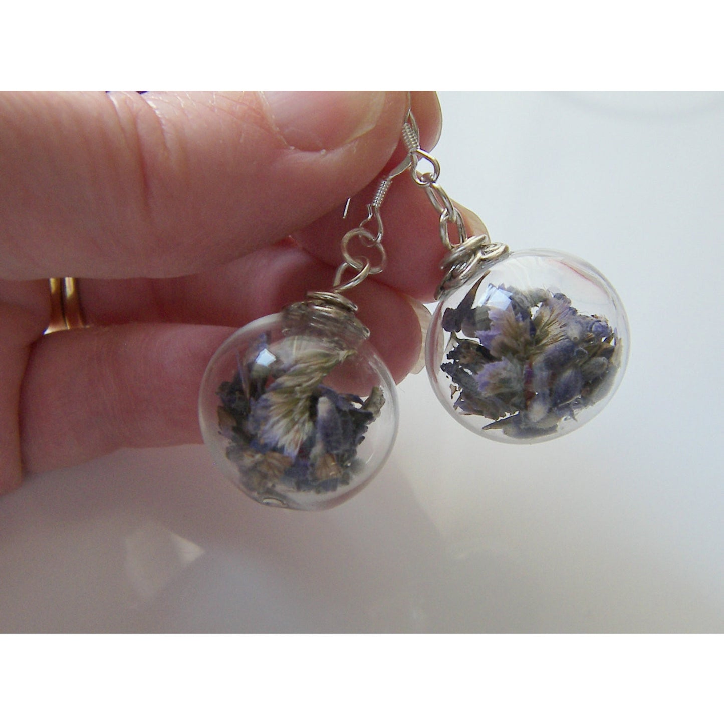 Real Lavender Earrings, Hand Blown Glass Beads, Real Flower Jewelry, Bridesmaid Gift, Holiday Gift