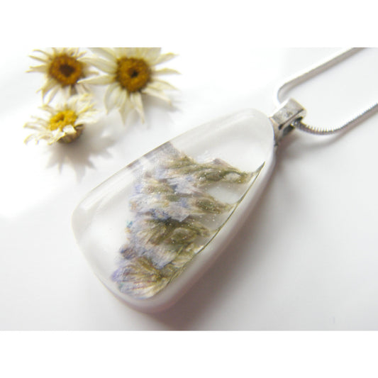 Sea Lavender Pendant,  Pressed Flower, Botanical, Woodland, White Resin Necklace
