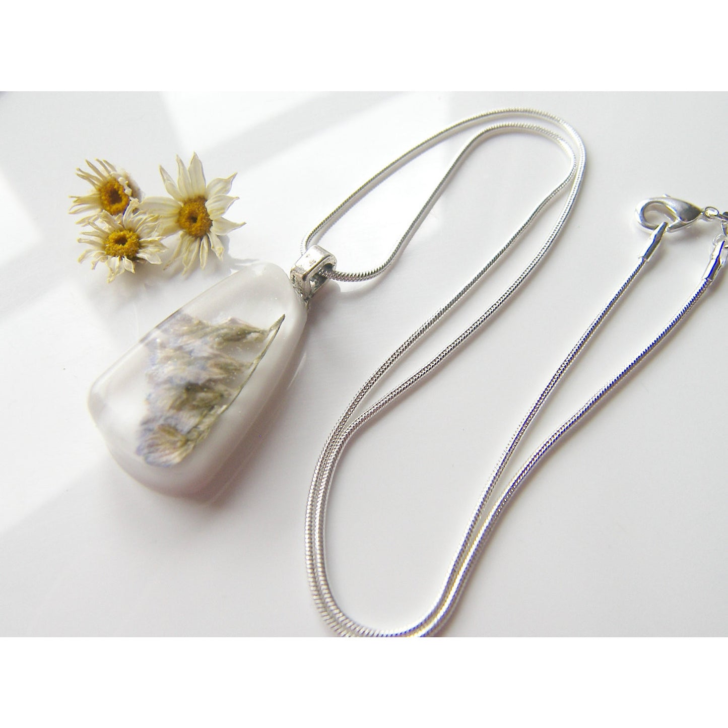 Sea Lavender Pendant, Pressed Flower, Botanical, Woodland, White Resin Necklace