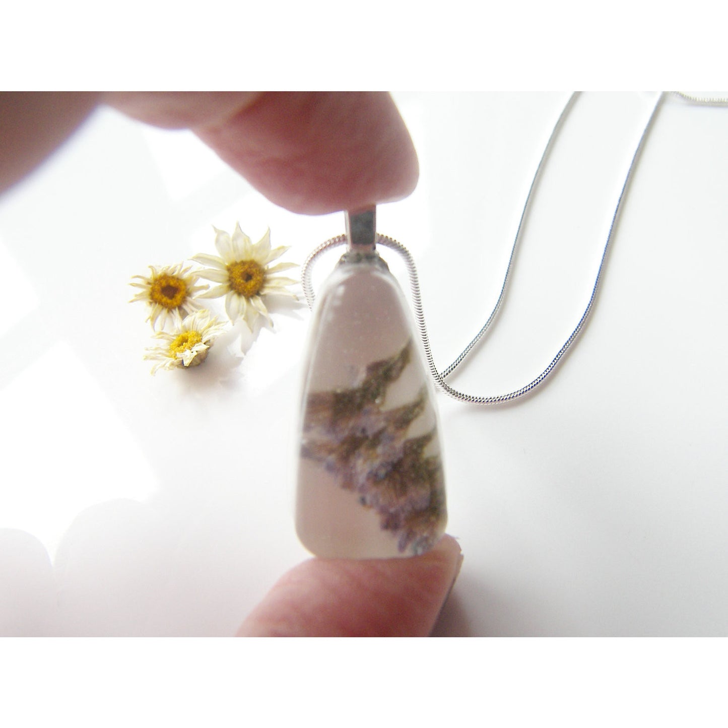 Sea Lavender Pendant, Pressed Flower, Botanical, Woodland, White Resin Necklace