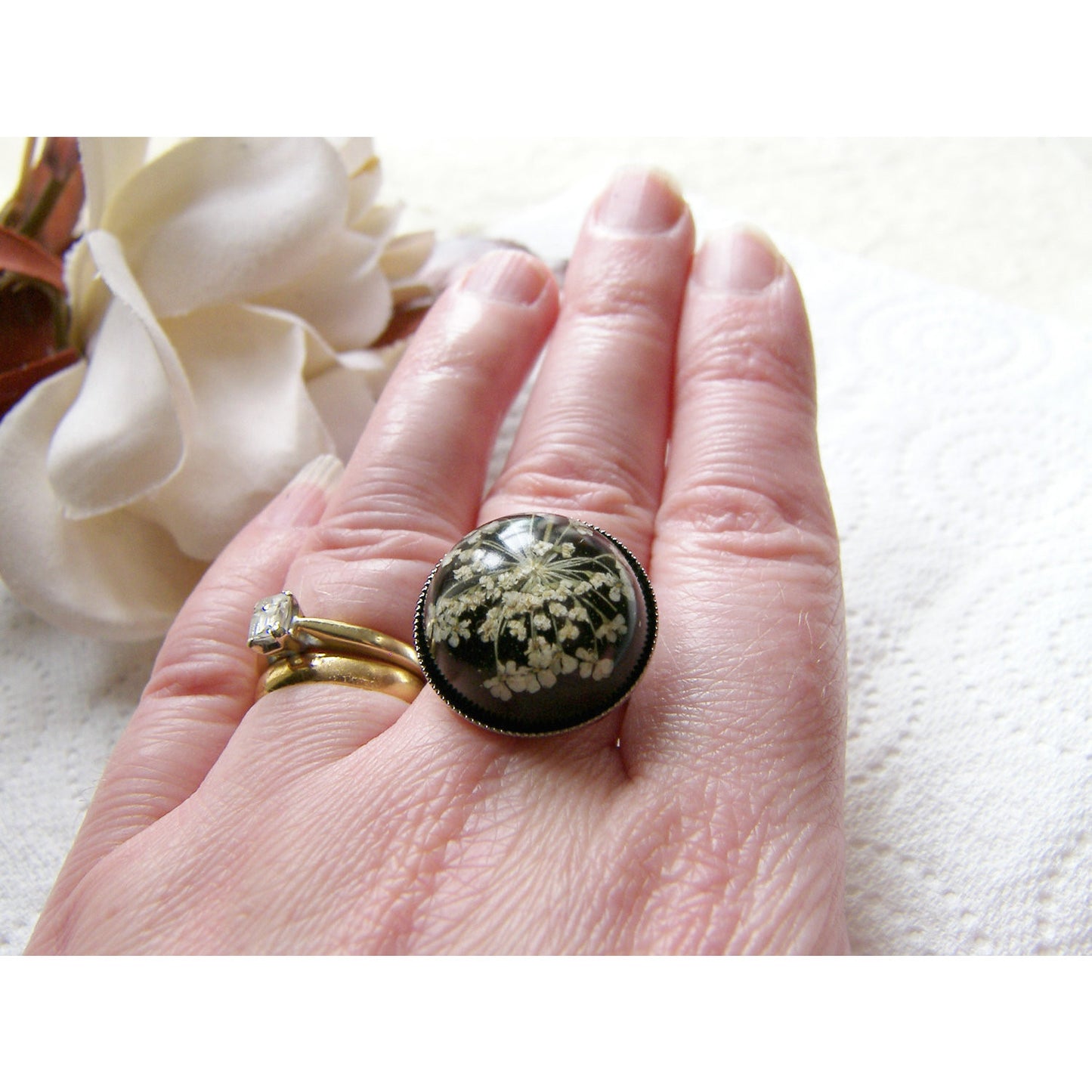 Eco Friendly Ring, Lace Flower, Pressed Flower Jewelry, Eco Chic, Christmas, Snowflake Ring